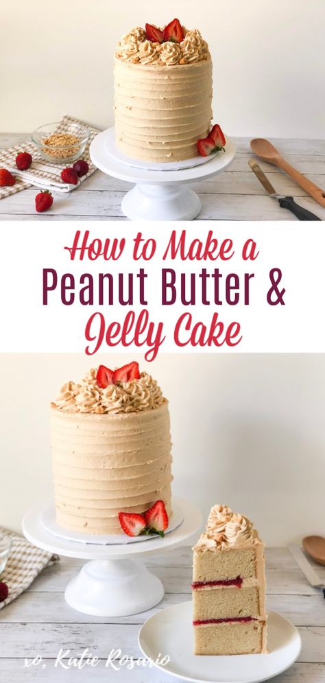 Made from Scratch Peanut Butter and Jelly Cake - XO, Katie Rosario Peanut Butter And Jelly Cake Recipe, Peanut Butter And Jelly Cake, Tart Strawberry, Homemade Strawberry Jam, Recipe Tutorial, Cake Decorating For Beginners, Cake Decorating Classes, Peanut Butter Cake, Jelly Cake