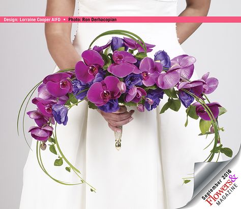 A crescent bouquet created with Lisianthus and phalaenopsis orchids follows the natural curved line of the orchids.  Design by Lorraine Cooper AIFD. Design by Ron Derhacopian.  #Wedding  #bouquets   #Flowers& Crescent Bouquet, Unique Bouquets, Man Bouquet, Unique Bouquet, Cascade Bouquet, Bouquet Design, Phalaenopsis Orchid, Wedding Bridal Bouquets, Bride Bouquets