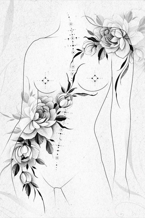 Full Body Butterfly Tattoo, Full Body Floral Tattoo Women, Flower Tattoos On Women, Floral Body Tattoo, Tattoo Over Strechmark, Black Ink Tattoos For Women, Woman Body Tattoo Design, Full Side Tattoos Women, Women’s Tattoo Back