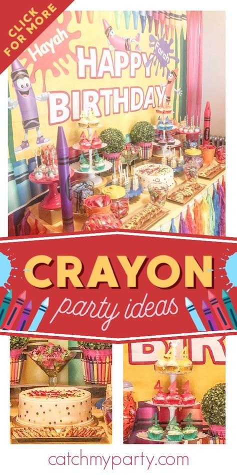 Check out this crayon-inspired birthday party! The dessert table is so colorful! See more parties ideas and share yours at CatchMyParty.com Elementary School Party, Crayola Birthday Party, Crayon Birthday Parties, Kindergarten Party, Girls Birthday Party Themes, Parties Ideas, Back To School Party, Birthday Party Activities, Colorful Birthday