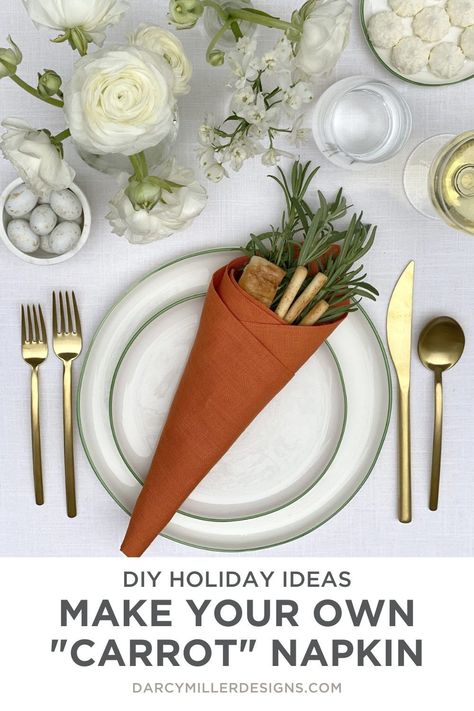 Set a spring table that’s garden-ready! Something as simple as folding your napkin in the shape of a carrot can make a table perfect for a weekend brunch, a garden party shower, or for getting the family together for Easter. This is a place setting that doubles as decor. Click to read the full step by step walkthrough of how to do make these for your own fun party this spring. Easter Napkin Folding, Napkin Folding Tutorial, Easy Napkin Folding, Easter Napkins, Rainbow Carrots, Make A Table, Holiday Tablescapes, Easter Inspiration, Porcelain Tableware