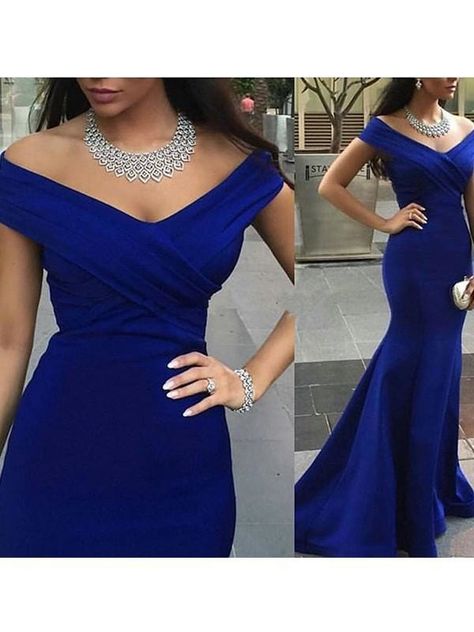 Off-The-Shoulder Sleeveless Sweep/Brush Train With Ruched Dresses - Prom Dresses White Prom Dress Mermaid, Prom Dresses Long Black, Royal Blue Evening Dress, Mermaid Long Bridesmaid Dresses, Blue Evening Gowns, Royal Blue Prom Dresses, Prom Dresses 2018, Affordable Prom Dresses, Satin Prom Dress