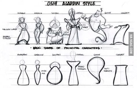 Aladdin characters basic shapes Sheridan Portfolio, Portfolio Tips, Create Cartoon Character, Character Design Disney, Aladdin Characters, Character Design Tips, Aladdin 1992, Concept Sketches, Character Model Sheet