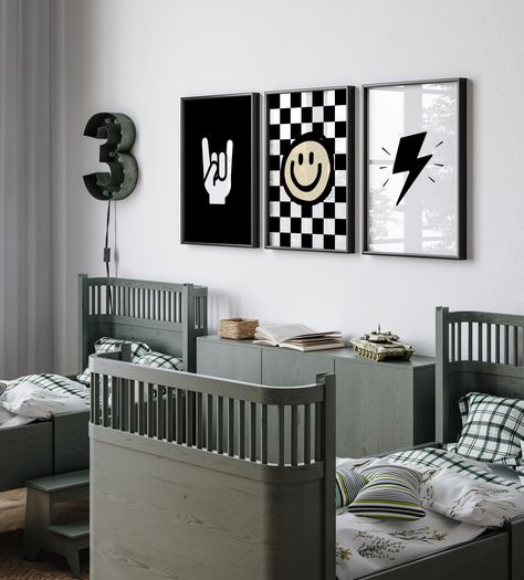 Punk Rock Nursery Ideas, Dirtbike Themed Nursery, Lightning Bolt Nursery, Rad Boy Nursery, Checkered Theme Nursery, Moody Toddler Boy Room, Baby Boy Skater Nursery, Punk Rock Nursery, Checkered Toddler Room