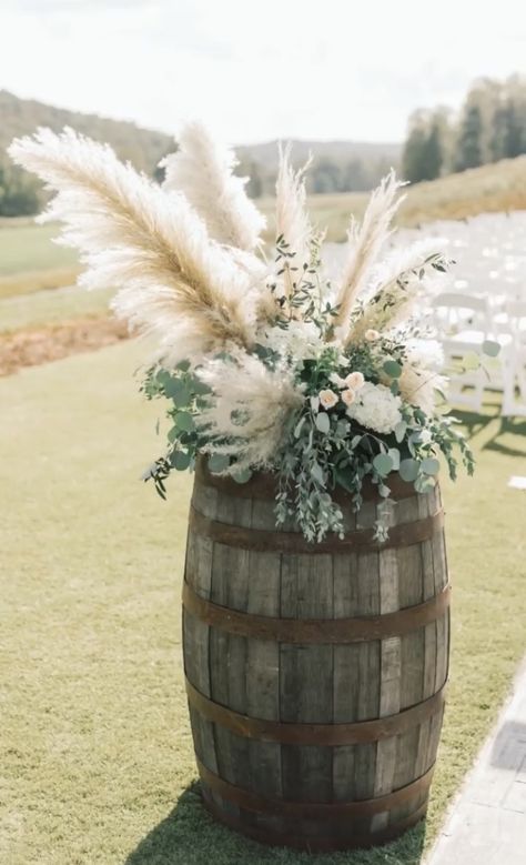 Pampas Entry Table, Sage Green Boho Wedding Centerpieces, Pompous Grass And Eucalyptus Centerpieces, Small Rustic Centerpieces, Mr And Mrs Table Wedding Boho, Boho Barrel Wedding Decor, Pampas Grass Whiskey Barrel, Pompus Grass Wedding Arch, Boho Barrel Flowers