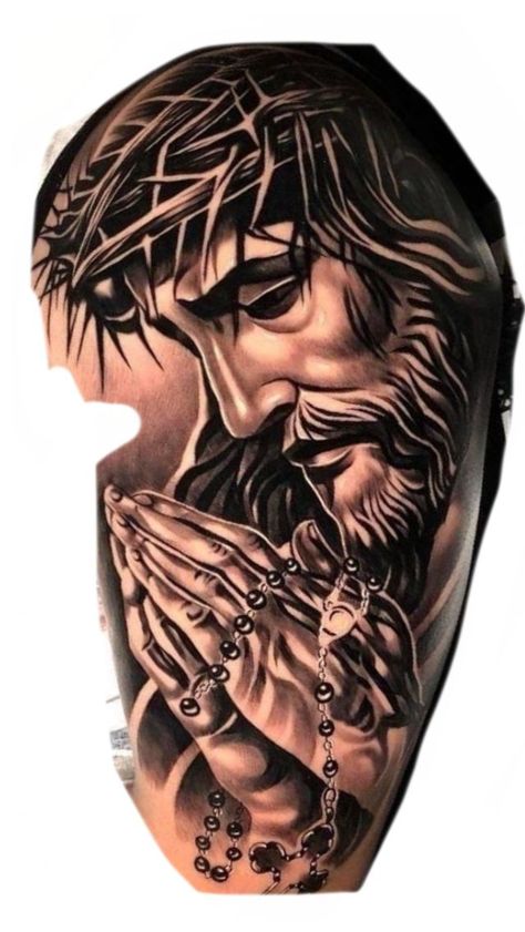 Jesus Praying Tattoo, Jesus Face Tattoo Design, Tattoo Jesus Cristo, Rosen Tattoo Mann, Jesus Tattoo Sleeve, Christus Tattoo, Praying Hands Tattoo Design, Religion Tattoos, Tattoo Half Sleeve