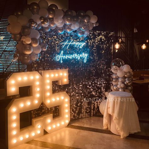 Transform your event into a dazzling affair with our exquisite Silver Sequence Backdrop! ✨ Whether it's a birthday, anniversary or cocktail parties, our shimmering backdrop adds the perfect touch of glamour. Book now and let your event sparkle! ✨ Dm for more details @balloonsandconfettii . . . . (Balloon decor, Anniversary celebration, Marque lights Mumbai decor, BalloonsandConfettii, led light Sequence wall, Silver sequence panel) #sequencewallbackdrops #balloondecor #marquelights #si... Sequence Backdrop, Sequence Wall, Balloon Decor, Wall Backdrops, Cocktail Parties, Backdrop Decorations, Anniversary Celebration, 25th Anniversary, Happy Anniversary