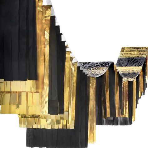 Black & Gold Accordion Fringe Foil & Tissue Ceiling Decoration, 12ft Fringe Ceiling, Black And Gold Party Decorations, Parade Float Supplies, Masquerade Party Decorations, Speakeasy Party, Floating Decorations, Shabby Chic Theme, Gold Party Decorations, Gold Ceiling