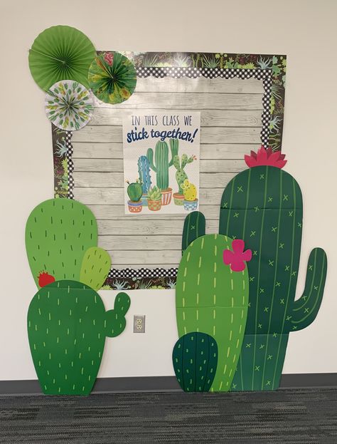 Desert Theme Preschool Bulletin Boards, Cactus Door Decorations, Desert Theme Bulletin Boards, Mexican Classroom Theme, Mexican Bulletin Board Ideas, Mexican Classroom Decor, Fiesta Theme Classroom, Cactus Themed Classroom, Cactus Bulletin Board Ideas