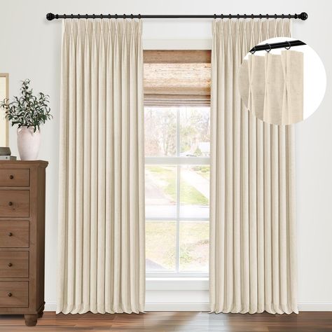 PRICES MAY VARY. Pinch Pleat Curtains: Each package includes 2 panels,and 20 hooks. These elegant pinch pleated curtains blackout complement any home decor style, adding a refined and sophisticated look to your bedroom, living room, dining room, and farmhouse-style decor. 100% Blackout Curtains: The double-layer pinch pleated drapes offer complete blackout, easily turning day into night. They also provide excellent thermal insulation and noise reduction, protecting your furniture, keeping your h Curtains Kitchen Sliding Door, Curtains With Cream Couch, Curtains For Patio Doors Sliders, Curtains With Vaulted Ceilings, Pleated Curtains Living Room, Viral Amazon Curtains, Drapes Sliding Glass Door, Double Curtains Bedroom, Roman Shades With Curtains