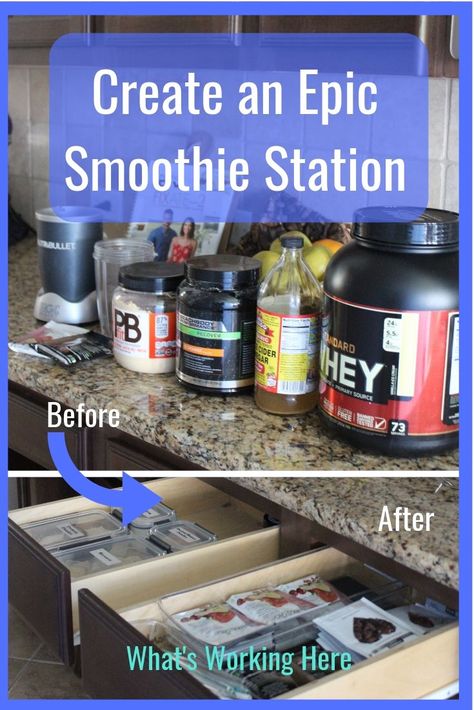 Lugging everything out of the pantry every morning to make smoothies was starting to become a pain in the rear. I knew there had to be a better way. That’s how I came up with my EPIC Smoothie Station. See how easy it is to create your own smoothie station and save precious time every morning.  #smoothie #organization Protein Shake Storage Ideas, Shake Station Kitchen, Protein Shake Station At Home, Protein Station In Kitchen, Smoothie Bar Home Ideas, Coffee And Smoothie Bar In Kitchen, Home Smoothie Station, Kitchen Smoothie Station, Protein Shake Organization