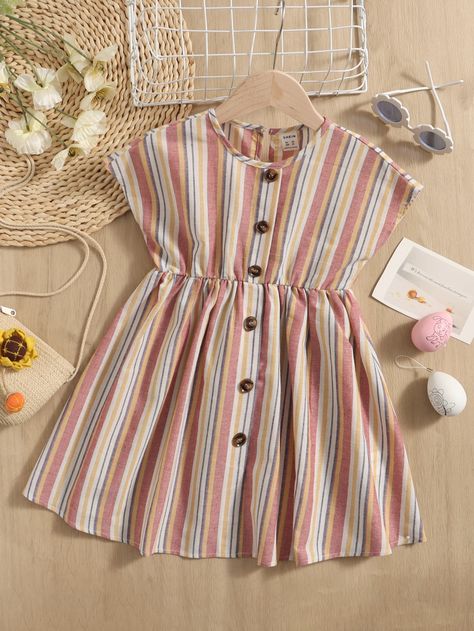 Multicolor Casual  Cap Sleeve Polyester Striped A Line Embellished Non-Stretch Summer Toddler Girls Clothing Casual Striped Dress, Striped Fabric Dress, Baby Girl Tops Design, A Line Frock For Kids, Top For Kids Girl, Tops For Girls Casual, Batwing Sleeve Dress, Kids Summer Dresses, Kids Dress Collection