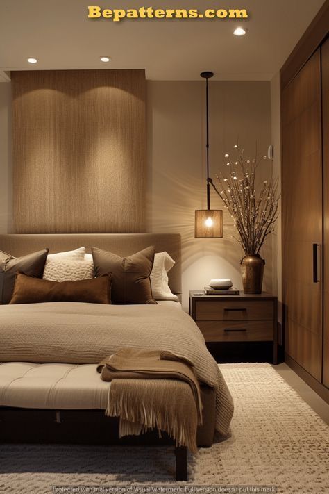 Masculine Couples Bedroom, Modern Wooden Bedroom Design, Bedroom Color Aesthetic, Neutral And Earthy Bedroom, Contemporary Bedroom Ideas Master Suite, Earthy Color Interior Design, Neutral Interior Design Bedroom, Bedding Ideas Neutrals, Large Master Bedrooms Decor Modern