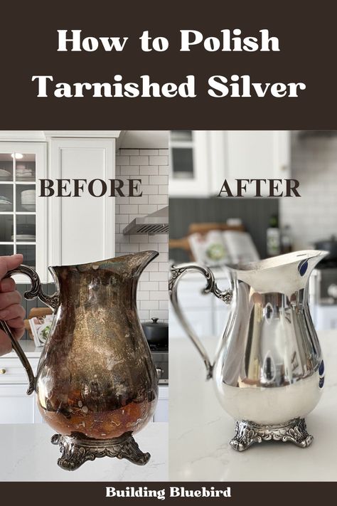 How to easily polish tarnished silver to make it look new again Diy Silver Polish, Antique Silver Decor, Silver Display Ideas, How To Polish Silver, Silver Polish Diy, Decorating With Silver Pieces, Silver Trays Decor Ideas, Polishing Silver, The Tarnished