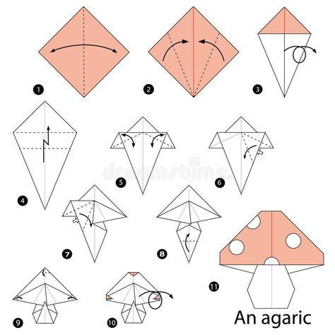 Step by step instructions how to make origami An Agaric. Toy cartoon cute paper steps origami royalty free illustration Vika Papper, Origami Step By Step, Cute Origami, Origami Patterns, Instruções Origami, Origami Paper Art, How To Make Origami, Origami Instructions, Origami Animals