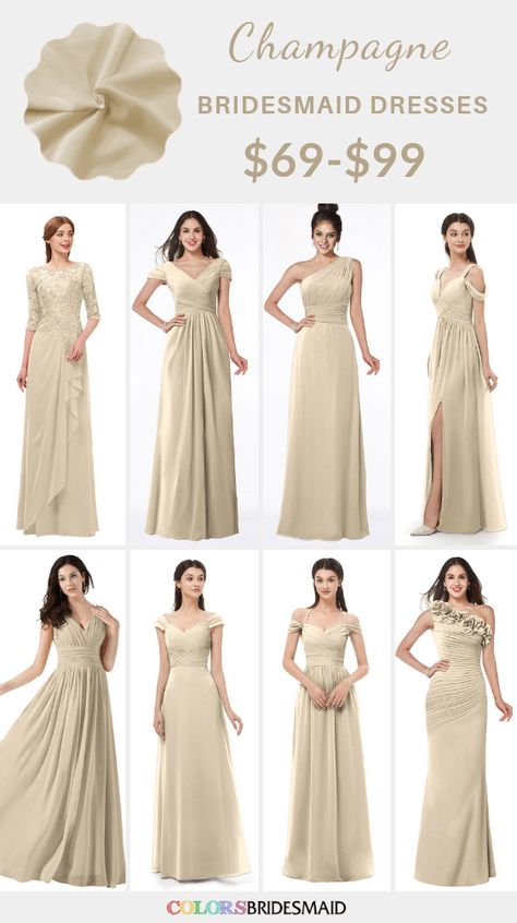 Champagne bridesmaid dresses on sale $69-99, in 600+ custom-made styles and all sizes. 150+colors, made to order, fast arrived, color sample available. #colsbm #bridesmaids #bridesmaiddresses #champagnewedding #weddingideas #champagnedress b1286 Braidsmaid Dresses, Champagne Wedding Colors, Gray Wedding Colors, Wedding Colors Red, White Bridal Gown, Wedding Color Combos, Champagne Bridesmaid Dresses, Champagne Bridesmaid, Champagne Dress