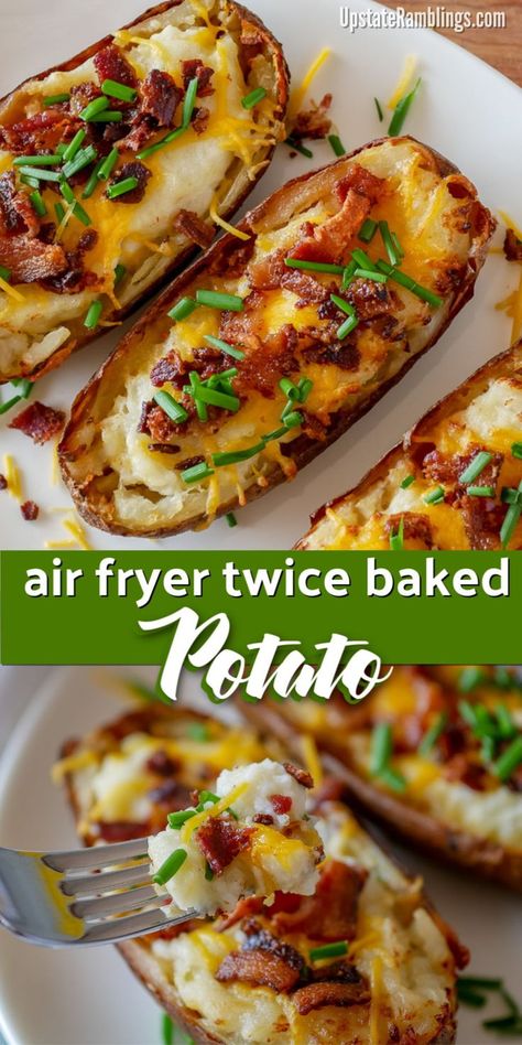 News Years Eve Appetizer, Twice Baked Potato Air Fryer, Baked Potato Air Fryer Recipes, Air Fryer Optavia Recipes, Airfryer Side Dishes, Airfryer Lunch Ideas, Airfryer Meals For One, Twice Baked Potatoes Air Fryer, Air Fryer Twice Baked Potatoes