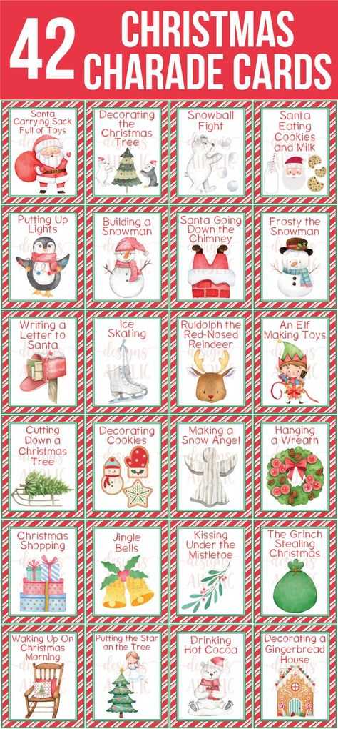 🎅🏻🎄⛄️ Looking for a festive activity to do with your family this holiday season or for your Christmas party? Charades is a classic party game that all ages will enjoy. Grab this set of 42 fun and decorative Christmas themed charade cards for the perfect holiday game! Holiday Charades, Christmas Charades Game, Christmas Pictionary, Party Games Christmas, Classroom Christmas Party, Charades Cards, Christmas Charades, Charades Game, Games Christmas