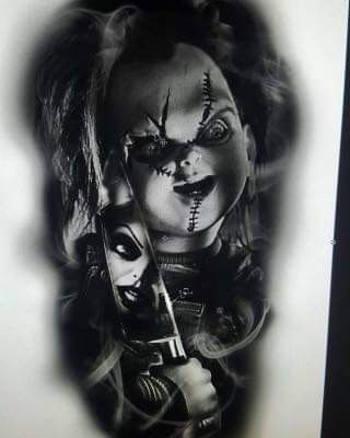 Tiffany Tattoo, Chucky Tattoo, Images Terrifiantes, Horror Movie Tattoos, Realistic Tattoo Sleeve, Evil Tattoos, Movie Tattoo, Movie Tattoos, Omerta Tattoo