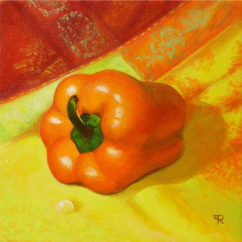 "Orange Pepper" by artist Tatiana Roulin. Her specialty is still life, where she uses textures and colors to bring each tableau to life. See her work on www.ArtsyShark.com Pepper Still Life, Still Life Vegetables, Orange Peppers, Gcse Art Sketchbook, Realistic Oil Painting, Warm Springs, Fruit Painting, Still Life Drawing, Acrylic Paint Set