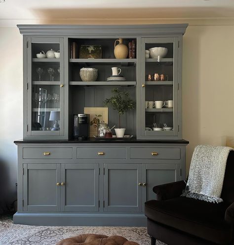 same view, same hutch 1 year apart… 🤍✨☕️ paint color: BM Hearthstone Built In China Cabinet Dining Room, Painted China Cabinet Ideas, Hutch In Dining Room, Grey China Cabinet, Painted China Hutch, Dining Room Built Ins, Built In China Cabinet, Painted Hutch, Painted China Cabinets