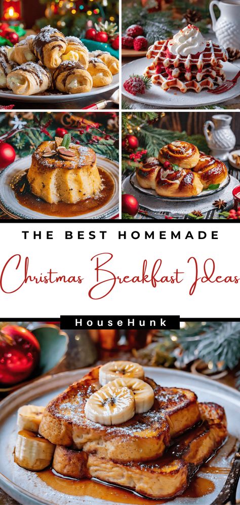 18 Festive Christmas Breakfast Ideas - House Hunk Christmas Morning Sweet Breakfast, Christmas Breakfast Ideas French Toast, Christmas Morning Make Ahead Breakfast, Christmas Breakfast Pastries, Christmas Brunch Party Ideas, Christmas Breakfast Buffet Ideas, New Years Breakfast Ideas, Christmas Breakfast Aesthetic, Christmas Eve Breakfast Ideas