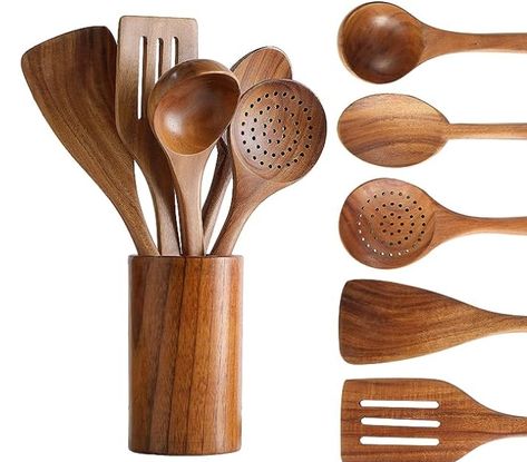 PRICES MAY VARY. [**EXCELLENT GIFT FOR THE CHEF IN YOUR LIFE**] Great gift for a chef or anyone that loves to cook whether you are a beginner or experienced chef. Beautiful and elegant design that can be displayed in any kitchen. [**COMPLETE UTENSIL SET WITH HOLDER*] This is a complete 6 set of wooden kitchen utensils that you will use for all your cooking and mixing needs. This set includes all the necessary utensils you need in the kitchen. [ **ALL THE COOKING UTENSILS YOU NEED**] Set includes Wooden Cooking Utensils Set, Wooden Utensils Set, Steak Pizza, Wooden Cooking Utensils, Kitchen Spatula, Cooking Spatula, Wooden Kitchen Utensils, Natural Teak Wood, Wooden Spatula