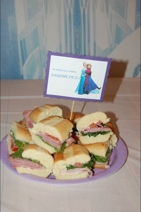 Frozen Sister Birthday Party, We Finish Each Others Sandwiches, Frozen Birthday Party Ideas Food, Frozen Birthday Theme Food, Frozen Theme Snacks, Elsa Birthday Ideas, Frozen Theme Party Food, Frozen Three Year Old Birthday, Elsa Anna Birthday Party