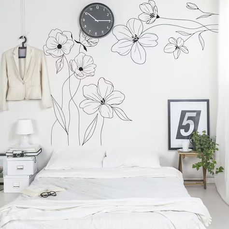 LilinMomo - Etsy Accent Wall Floral, Drawing Corner, Line Drawing Flowers, Floral Line Drawing, Minimal Line Drawing, Textures Murales, Nursery Artwork, Focal Wall, Drawing Flowers