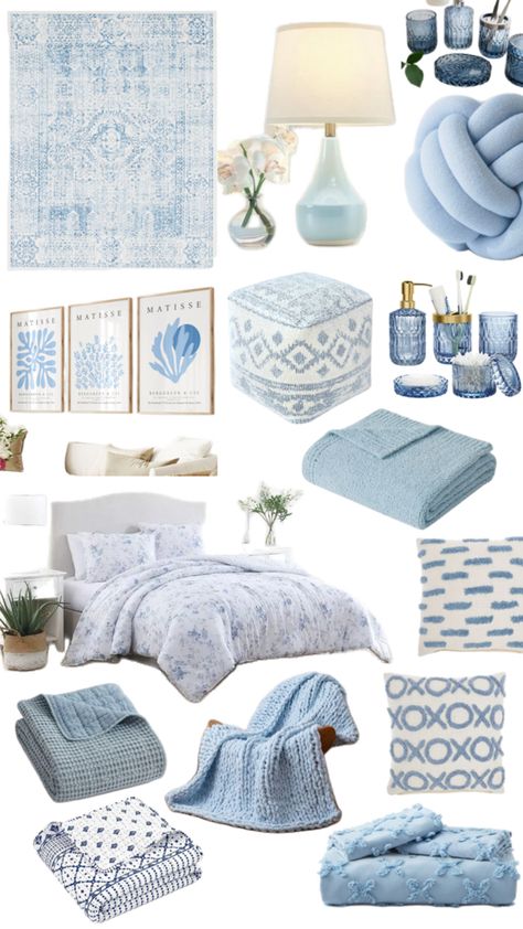 dorm room ideas Blue Room Aesthetic Ideas, Light Blue Room Aesthetic, Blue Room Aesthetic, Light Blue Room, Room Aesthetic Ideas, Light Blue Rooms, Costal Bedroom, Coastal Room Decor, Dorm Room Lights