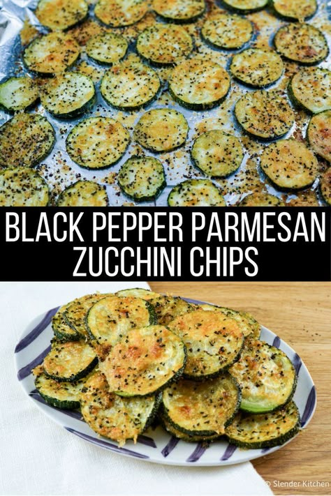 Black Pepper Parmesan Zucchini Chips - Slender Kitchen. Works for Gluten Free, Low Carb, Vegetarian and Weight Watchers® diets. 117 Calories. Parmesan Zucchini Chips, Zucchini Feta, Slender Kitchen, Zucchini Chips, Parmesan Zucchini, Iron Chef, Low Carb Vegetarian, Makanan Diet, Diet Keto