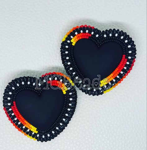 Heart Beaded Earrings Native American, Heart Shaped Beaded Earrings, Black Beaded Earrings Native American, Cindy Lu, Cab Earrings, Heart Beaded Earrings, Native American Beadwork Earrings, Indigenous Artwork, Beaded Earrings Native American