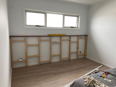 Nib wall bedhead with VJ panels | Bunnings Workshop community Inbuilt Bedhead, Bedhead Wall Ideas, Vj Feature Wall Bedroom, Bedroom Nib Wall, Vj Panelling Bedroom Half Wall Shelf, Bedroom Nib Wall Bedhead, Vj Panel Bedhead, Vj Panel Half Wall Bedroom, Bedroom With Vj Panelling