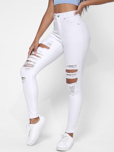 White  Collar  Denim Plain Skinny Embellished High Stretch  Women Denim Light Ripped Jeans, Cute Ripped Jeans, Ripped Jeans Women, Moda Curvy, White Ripped Jeans, White Jeans Outfit, Denim Essentials, Mode Chic, Cute Jeans