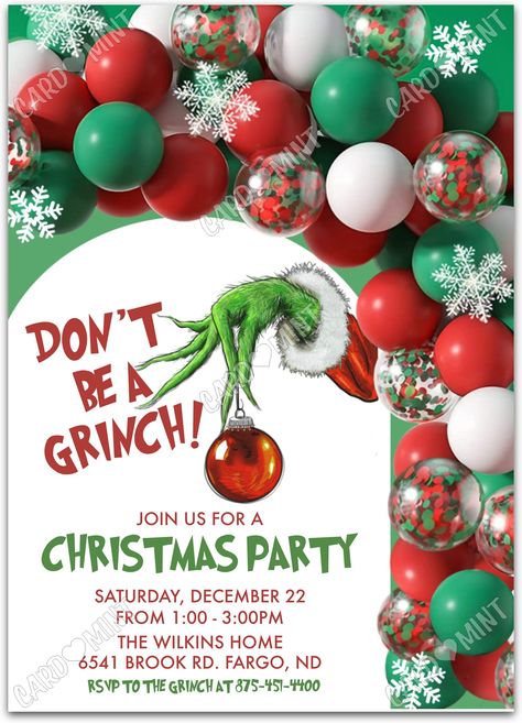 Quickly personalize. Includes matching thank you card.   Host a successful christmas party starting with this Christmas decorations green/red invite!   You can edit this product yourself, during and/or after purchase. Print or send as an Evite.  Image watermarks will be removed after purchase.  The dimensions are 5"x7". Grinch Christmas Eve Party, Whoville Themed Christmas Party, Ladies Night Christmas Party, Grinch Christmas Invitations, Office Christmas Party Ideas Decoration, Christmas Meals For Kids, Grinch Themed Christmas Party Decorations, Grinch Christmas Party Invitations, Work Christmas Party Ideas Games