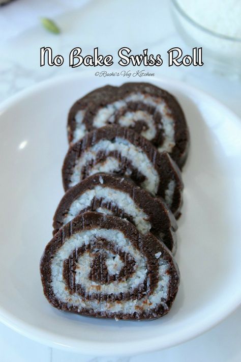 No Bake Swiss Roll – Ruchi's Veg Kitchen Veg Deserts Recipes, Fire Less Cooking Recipes For Kids, No Fire Cooking Recipes For Kids, Non Fire Cooking Recipes For Kids, No Fire Cooking Recipes, Diwali Treats, Moist Stuffing, Custard Cookies, Vegetarian Platter