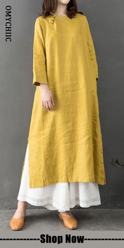 Elegant O Neck Linen Clothes Fabrics Yellow Dress Funny Dresses, Mode Kimono, 여름 스타일, Salwar Kamiz, Linen Fashion, Hijab Styles, Linnet, Mode Hijab, Clothes Dress