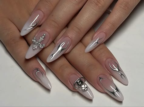 Nails 2023 Trends 3d, Grey Douyin Nails, Y2k Nail Inspo Long, Silver Aura Nails, Cybersigilism Nails, Nail Art With Charms, White Aura Nails, Nails Decoration Ideas, Cybercore Nails