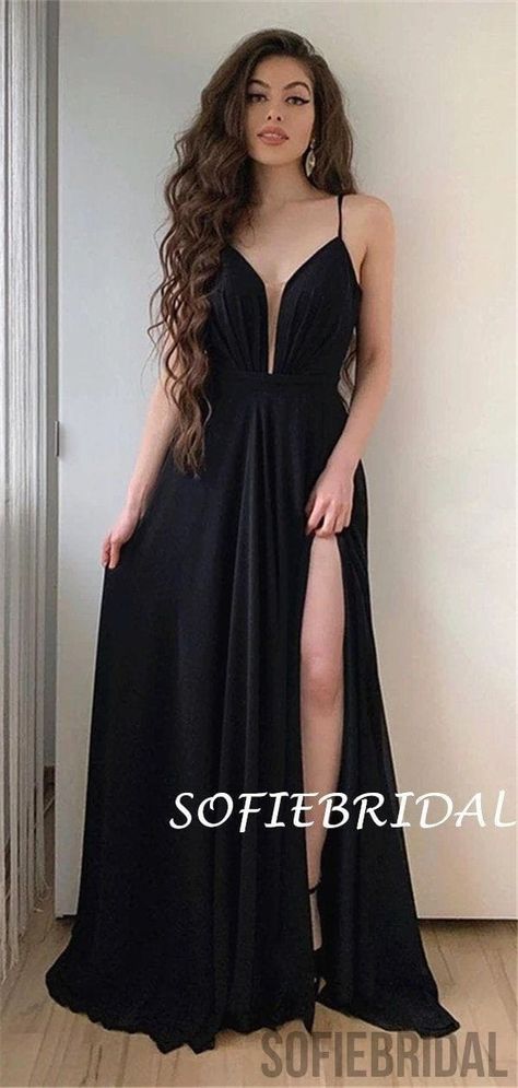 Prom Dress With Split, Simple Spaghetti, Causal Dresses, Black Prom Dress, Black Prom, Dresses Elegant, Cheap Prom Dresses, Dress 100, Prom Dresses Long