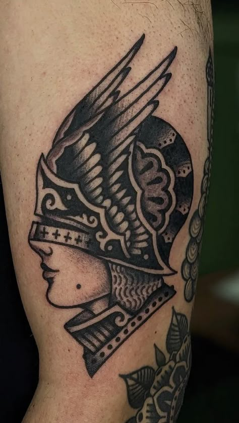 Dark Ages Tattoo, Valkyrie Traditional Tattoo, American Traditional Valkyrie Tattoo, Dietzel Tattoo, Trad Neck Tattoo, Traditional Valkyrie Tattoo, American Traditional Knight Tattoo, American Traditional Medieval Tattoo, Knight Traditional Tattoo