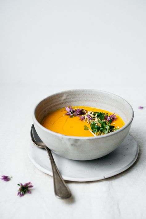 Carrot Ginger Soup – TENDING the TABLE Soup Photography, Carrot Ginger Soup, Ginger Soup, Carrot And Ginger, Food Photography Inspiration, Vegan Soups, Bowl Of Soup, Delicious Soup, Food Presentation