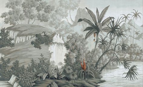 Vintage Jungle Paintings: Black & White Mural Wallpaper | Forest Homes Jungle Painting, Mountain Wall Mural, Jungle Mural, Palm Trees Wallpaper, Palm Wallpaper, Western Paintings, Silk Wallpaper, Tropical Foliage, Forest Wallpaper