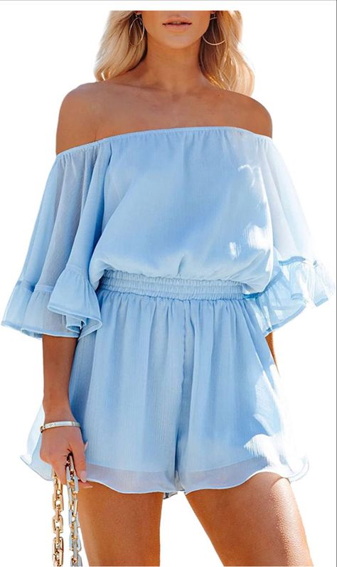 #bohostyle #romper #summerstyle #floral #fashion Outfit Formal Mujer, Blue Playsuit, Loose Romper, Chiffon Romper, Bell Sleeve Romper, Loose Jumpsuit, Casual Rompers, Overalls Women, Short Jumpsuit