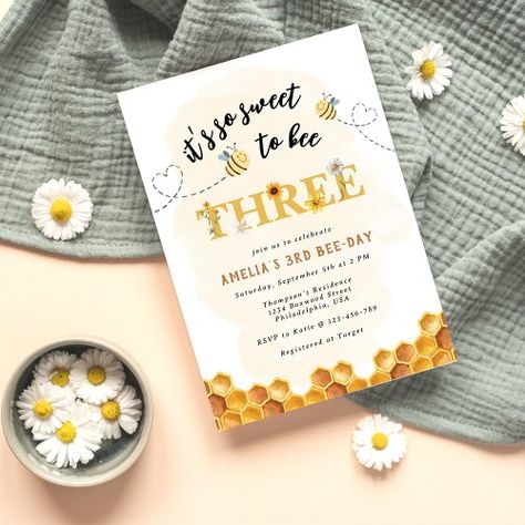 $1.98 | Modern Cute It’s so sweet to bee three birthday - bee day invitation, bee birthday invitation, so sweet to bee three, 3rd birthday, bee 3rd birthday, bee, honeycomb, modern, kids birthday, chic Sweet To Bee One, Bee First Birthday, Third Birthday Invitations, Bee Invitations, Bee Birthday Party, Bee Day, Bee Party, 2nd Birthday Invitations, Bee Birthday