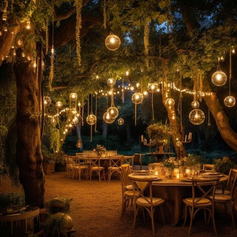 Fairy Forrest Weddings, Dream Wedding Forest, Beautiful Forest Wedding, Flowers For Outdoor Wedding, Wedding Venue Forest Fairy Lights, Wedding Forest Ideas, Fairy Backyard Wedding, Wedding Inspo Romantic Small, Forest Night Wedding