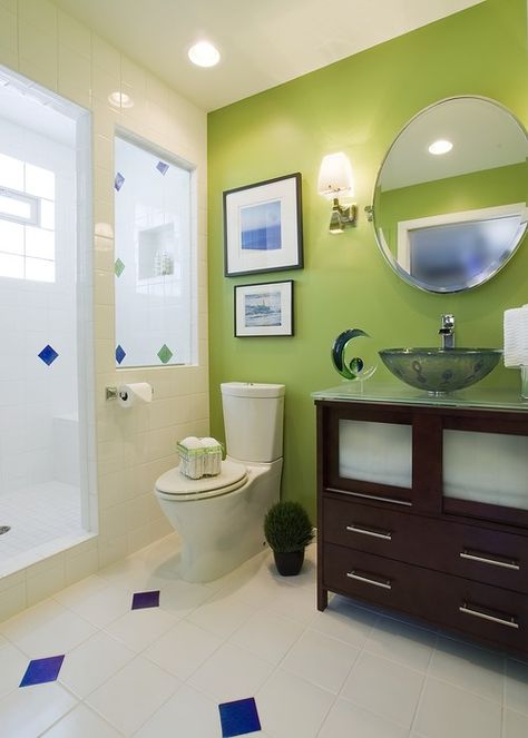 Design ideas for a modern bathroom with an integrated sink, flat-panel cabinets, white cabinets, an alcove shower and green tile. Description from houzz.com. I searched for this on bing.com/images Lime Green Bathroom, Green Small Bathrooms, Seafoam Green Bathroom, Lime Green Bathrooms, Green Bathroom Paint, Light Green Bathrooms, Green Bathroom Accessories, Green Bathroom Decor, Brown Bathroom Decor