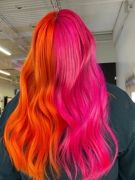 Split Dye Pink And Orange, Vivid Hair Color Split Dye, Pink Into Orange Hair, Vibrant Hair Color Ideas Summer, Orange Pink Split Hair, Hair Bright Color Ideas, Red And Orange Hair Split, Red And Orange Split Dye, Split Dyed Hair Color Ideas