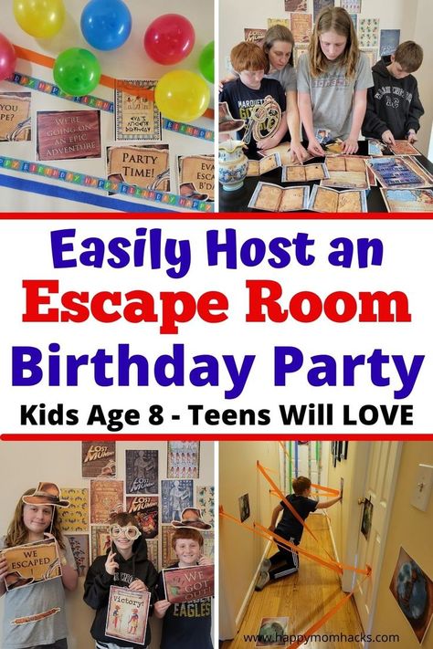 How to Easily Throw an Escape Room Birthday Party at home. Kids will love the cool printable escape room games, decorations, invitations, and party favors. Plus a super cool DIY laser maze to go through as they escape the room. I'll show you how to make it the perfect party for kids age 8 years old to those hard-to-please teens & tweens You'll be amazed how simple it is to plan escape room parties! Escape Birthday Party Ideas, Lego Escape Room Ideas, Build An Escape Room, Escape Room Bday Party, Birthday Party Games For Boys Age 9, Escape Room Party Food Ideas, Escape Room At Home For Kids, Lego Escape Room, Diy Escape Room Birthday Party