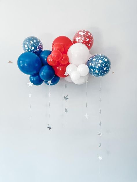 "Its July 4th and no celebration is complete without a DIY kit! This is a DIY balloon garland kit, it's super easy to put together. No experience necessary, its perfect for any occasion, and it will look like a pro did it.  Select the length in the dropdown menu.  What's Included:  *An assortment of 5\" and 11\" balloons  *Balloon Strip (To put the balloons into a garland) *Written instruction Colors: Dark Blue, Red, White and Star Print    *Video instructions and pro tips available on our Instagram account: @partybar.co  Balloons will ship flat. This is a DIY kit to be put together by consumer. 6Ft - 8FT Garland takes about 1 hour to assemble. Balloons should be inflated with air, no need for helium. Can be inflated 1-2 days prior to the event and will still look like you blew them up tha Fourth Of July Balloon Garland, Fourth Of July Balloons, 4th Of July Balloons, 4 July Decoration, 4th Of July Balloon Garland, Outdoor Festival Outfit, Balloon Board, Ballon Decoration, Usa Party