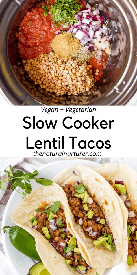 These vegan slow cooker lentil tacos are a super easy dinner! Flavorful, family-friendly, and beloved by all kinds of eaters, this is the perfect healthy dinner recipe to make over and over. #plantbased #Vegan #healthytacos # lentilrecipe #slowcooker #crockpot Vegan Slow Cooker Recipes, Vegan Crockpot, Lentil Tacos, Slow Cooker Lentils, Vegan Slow Cooker, Vegetarian Crockpot Recipes, Super Easy Dinner, Healthy Dinner Recipe, Slow Cooker Vegetarian